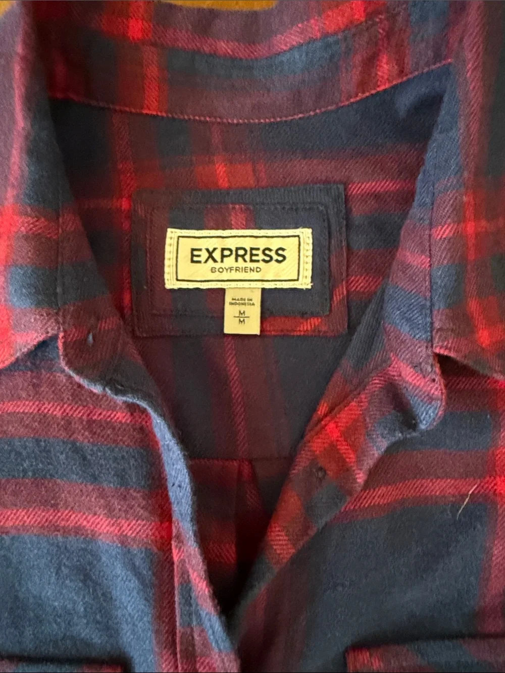 EXPRESS Boyfriend Red/Navy Plaid Button Down Flannel Shirt